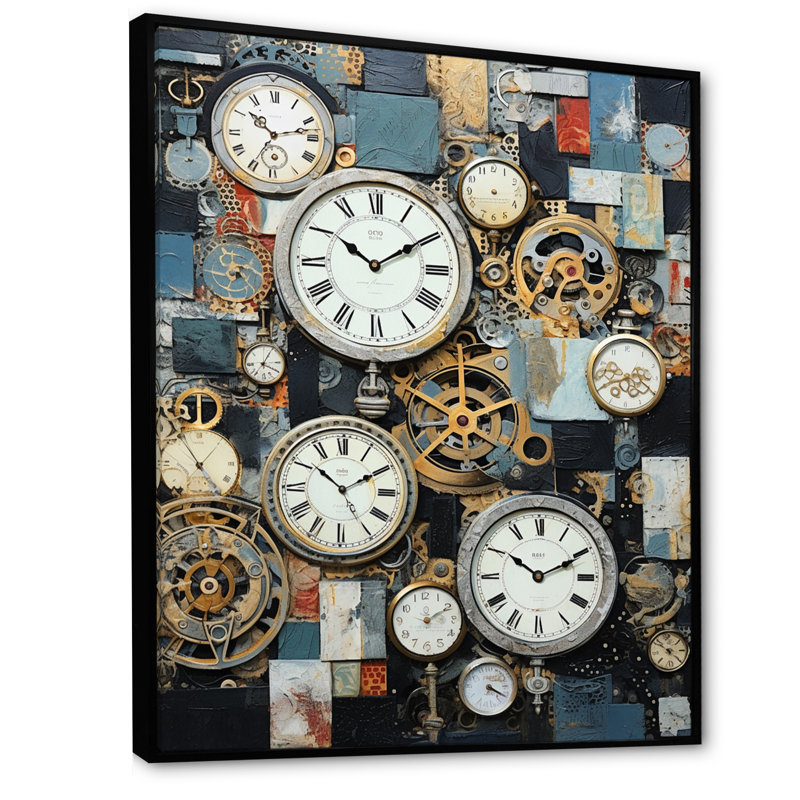 Collage horloger sur toile, H 44 po x l 34 po x P 1,5 po, Cadre flottant noir
