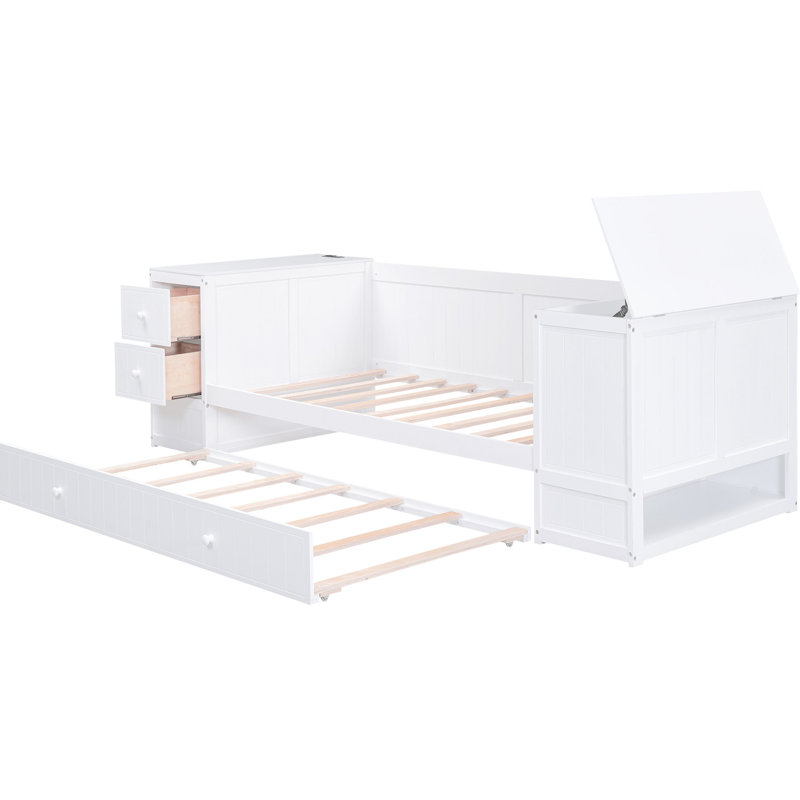 Lit de jour simple en bois massif blanc avec rangement, lit gigogne et prises de recharge - Fabrication de lit armoire de taille pratique