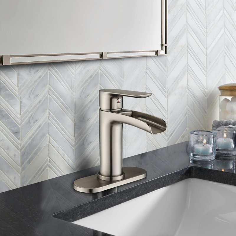Modern Single Hole Bathroom Faucet with Drain Assembly, Single Handle Vanity Sink Faucet with Waterfall Spout and Hot Cold Water Control
