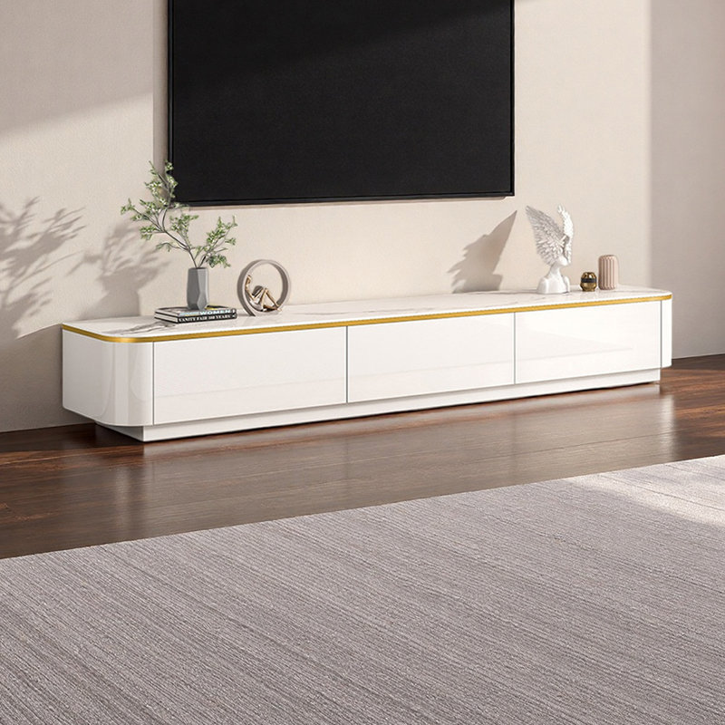 Meuble télé simple et moderne, H 13,38 po x L 63 po x l 13,77 po, Doré / Blanc