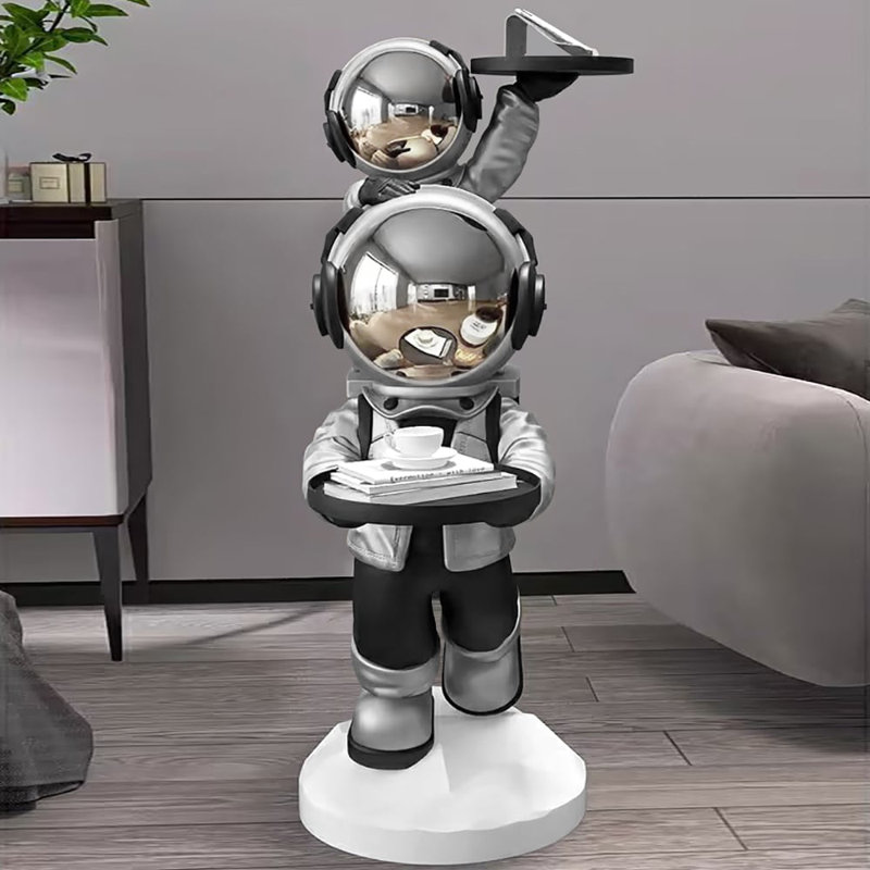 Table d'appoint astronaute en résine avec plateau, Argenté / Noir