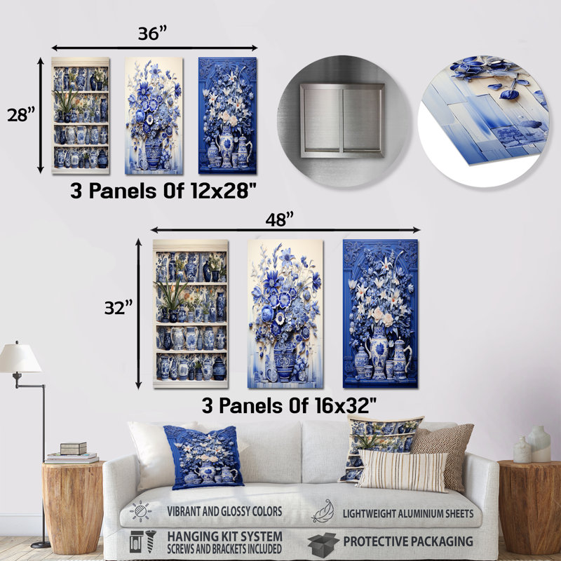 Bleu et blanc Boho Plant Pottery II - ensemble de 3 décorations murales en métal Boho Pottery, H 32 po x l 48 po
