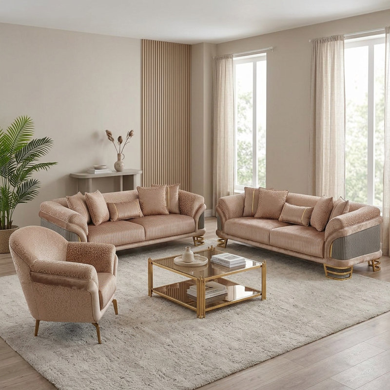 Ensemble de salon 3 pièces Xunte, Beige, Doré
