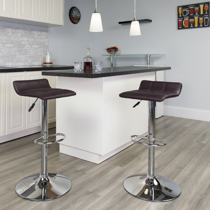Amp Contemporary Vinyl Adjustable Height Barstool with Quilted Wave Seat, Brown