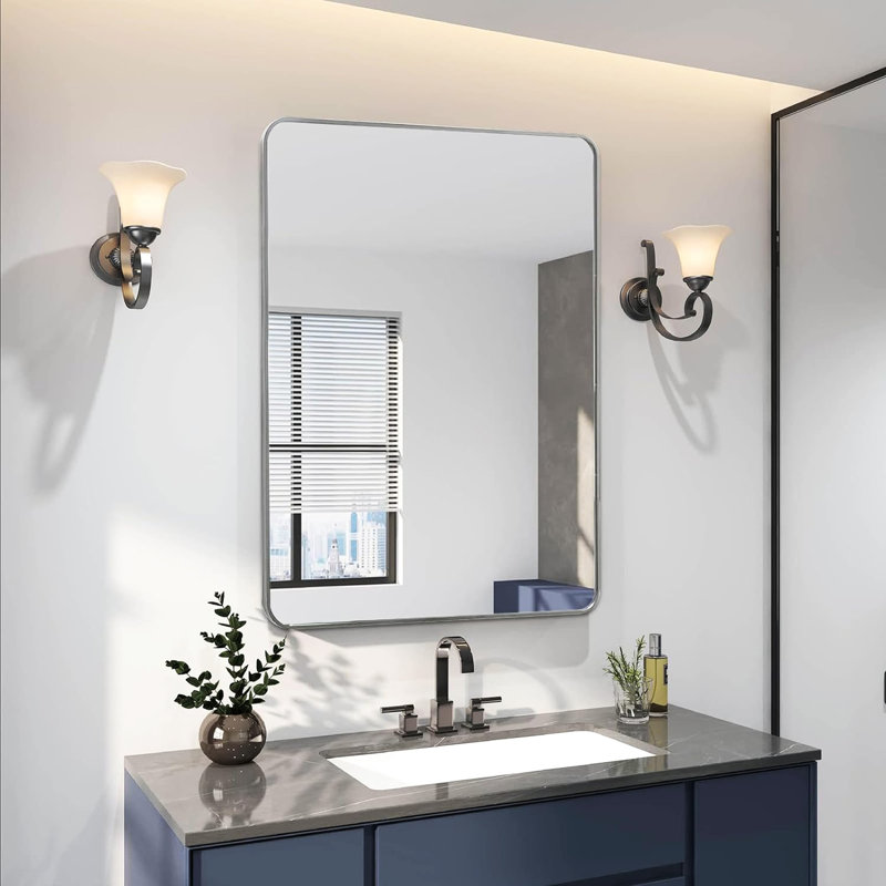 Silver Framed 24x36 Inch Rectangular Bathroom Wall Mirror - 4mm Glass, Rust Aluminum Frame, Glass, Silver