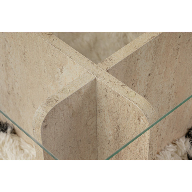 Modern Coffee Table with Tempered Glass Top, 105 x 30 x 65 cm, 100% Melamine Coated Particle Board Frame, Thickness: 0 cm, Travertine Marble Design, For Contemporary Living Rooms