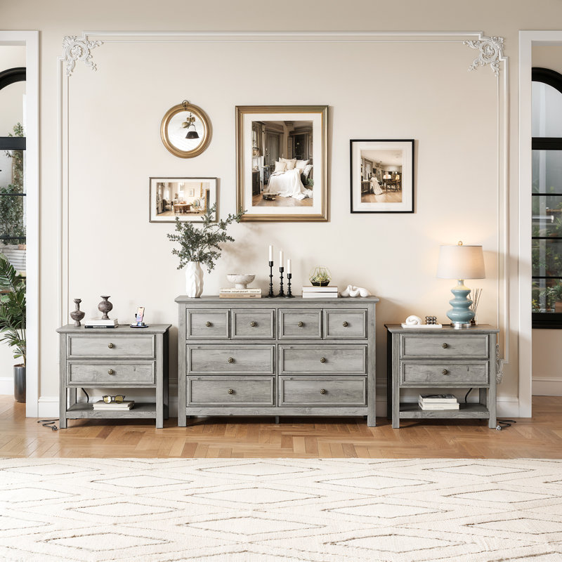 3 Piece Bedroom Dresser Set - 8 Drawer Dresser And Two 26.7''w 2-drawer Nightstand With Charging Station And Open Shelf,gray Wash