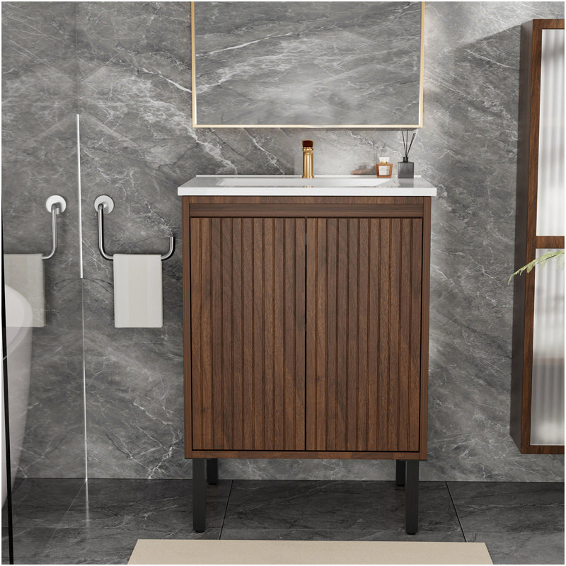 Meuble-lavabo de 24 po avec lavabo, structure autoportante pour la stabilité, portes à fermeture douce pour un fonctionnement silencieux, finition en chêne élégant pour une esthétique moderne (lavabo blanc)