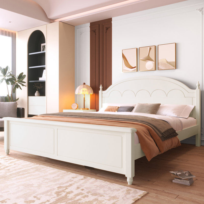 Cadre de lit grand lit en bois avec tête de lit arquée - Lit plateforme classique, finition blanche, Blanc, Grand lit