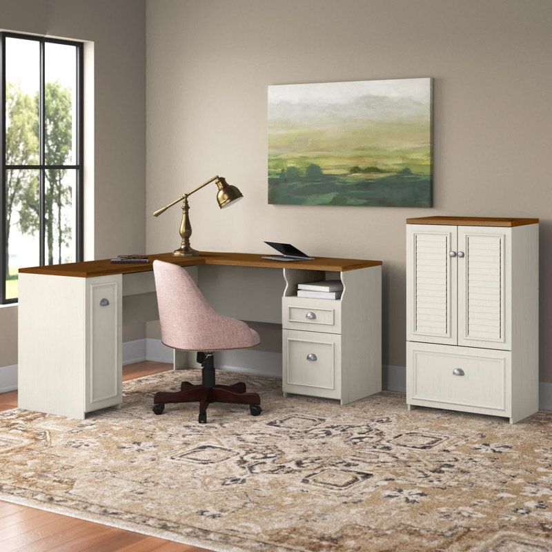 Paelynn L-Shaped Executive Desk, Tea Maple/Antique White