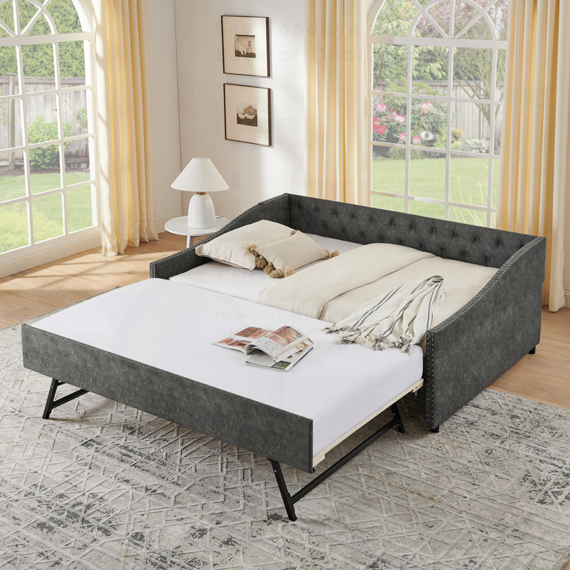 Daybed With USB Charging & Twin Size Pull-Out Extendable Bed, Button Back And Copper Nail Waved Arms For Versatile Comfort
