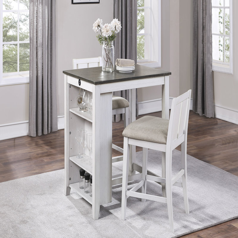 Ensemble de 3 tables à hauteur de comptoir de style transitionnel avec finition blanche et grise avec tablettes USB et 2 chaises à hauteur de comptoir rembourrées en tissu