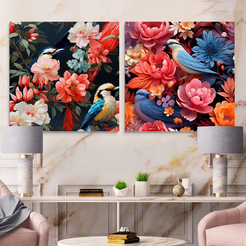 Harmonous, oiseaux vifs et tropicaux floraux, H 16 po x l 33 po