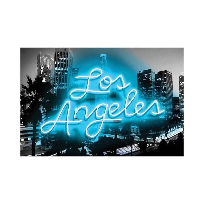 Neon Los Angeles Aqua On Black by Hailey Carr - Wrapped Canvas Print, 30.48cm H x 45.72cm W x 1.9cm D