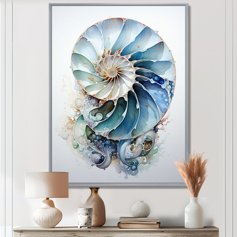 Nautilus Ocean Blue Sheels Symetry - Nautilus, art mural, Reproduction avec cadre flottant, H 32 po x l 16 po, Silver