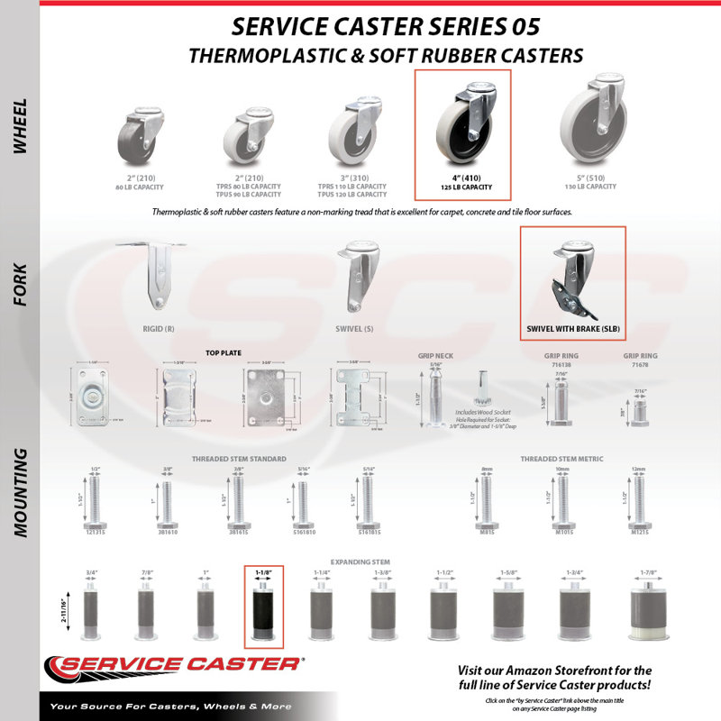 Roulettes de service de remplacement pour roulettes Colson 1,04367,441 MTG43 BRK3