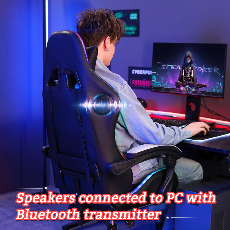 Hoffree Massage Ergonomic Gaming Chair with Bluetooth Speakers and RGB LED Lights, White/Black