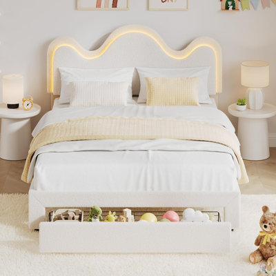 Queen Upholstered Platform Bed with Drawer, Lamb Fleece Fabric, Metal Frame, White