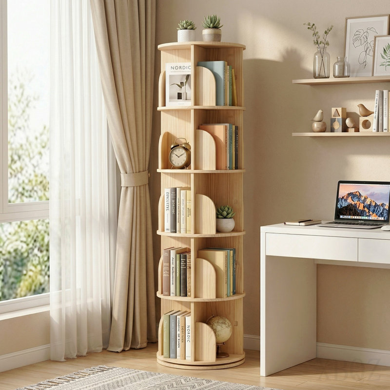 Bibliothèque rotative à 5 niveaux, grande bibliothèque ronde sur pied avec une rotation de 360 °, étagère de rangement en bois pour la chambre à coucher, le salon, le bureau personnel, naturel.