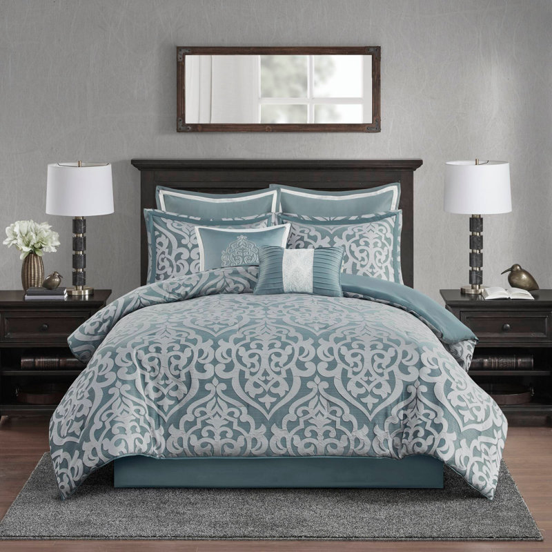 Ensemble d'édredon en jacquard de luxe 8 pièces Odette, Édredon grand et 7 pièces supplémentaires, Marine / Argent