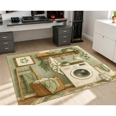 Vintage Green Wood Board Laundry Room Area Rug, Farmhouse Rustic Pattern, Machine Washable Non-Slip Floor Mat, Cozy Charming Indoor Home Decor for Living Room, Bedroom, Entryway, Apartment