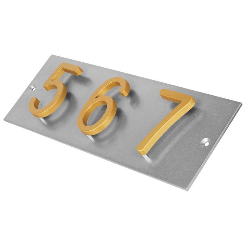 Plaque d'adresse horizontale flottante en aluminium Royal Shade - 3 chiffres personnalisés, Argent argent, Doré, Oui
