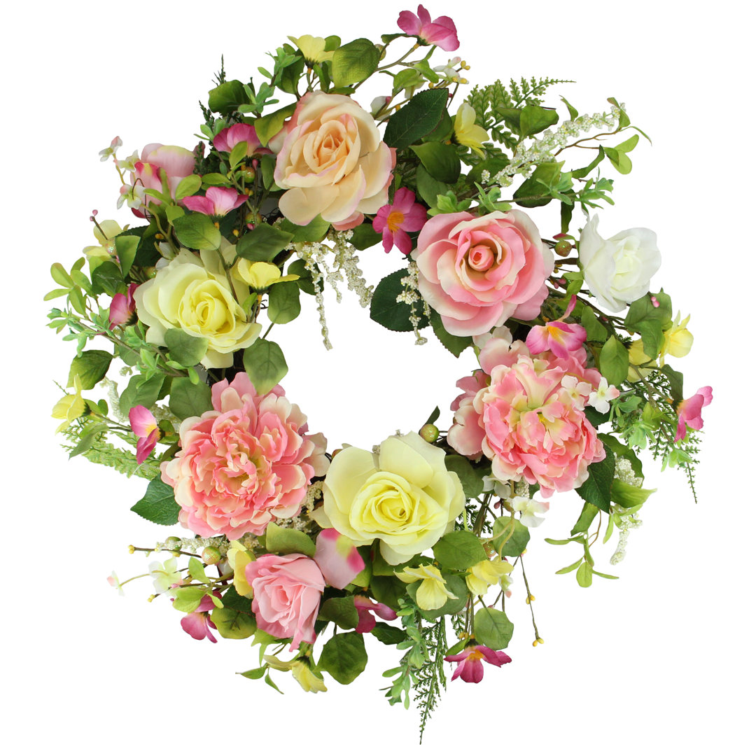 Rose and Peony Artificial Floral Spring Wreath Pink and Yellow - 22-Inch Primrue