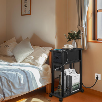 Side Table With Charging Station And Drawer, Narrow End Table With USB Ports And Outlets, With 4 Wheels,(Black)