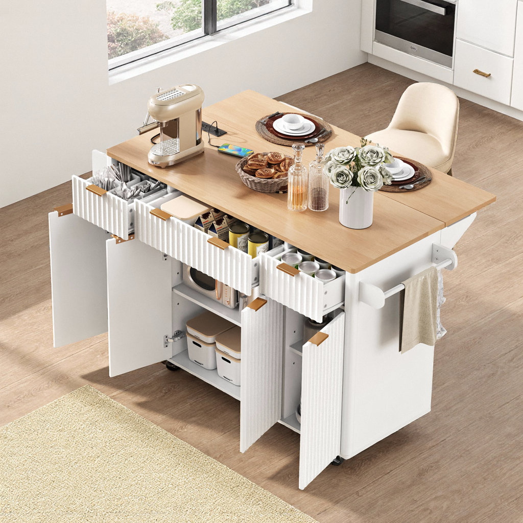 Latitude Run® White Fluted Kitchen Island with Power Outlet, Drop Leaf ...