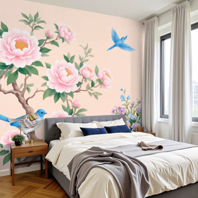 Chinoiserie Peel and Stick Wallpaper Peony Flowers Blue Birds Branch Floral Vase Soft Pastel Traditional Wall Murals 100"H x 144"W Removable PVC Wall Paper Self-Adhesive Wall Decor for Bedroom Living Room