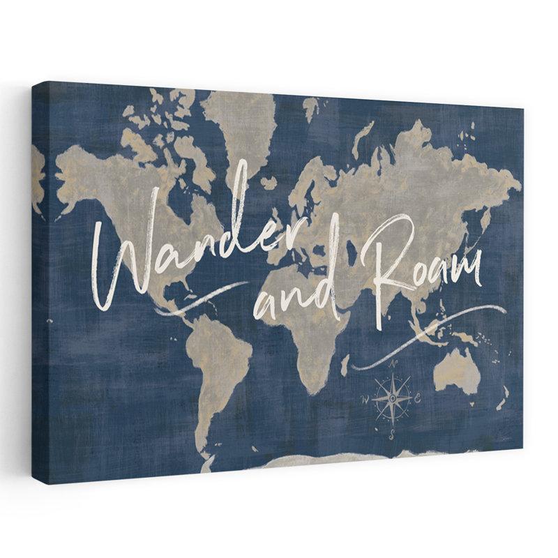 World Map Collage Deep Wander contemporain bleu gris blanc beige Compas, H 60 po x l 40 po