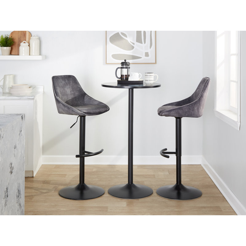 Gray Velvet Adjustable Swivel Barstools with Black Metal Base, Set of 2