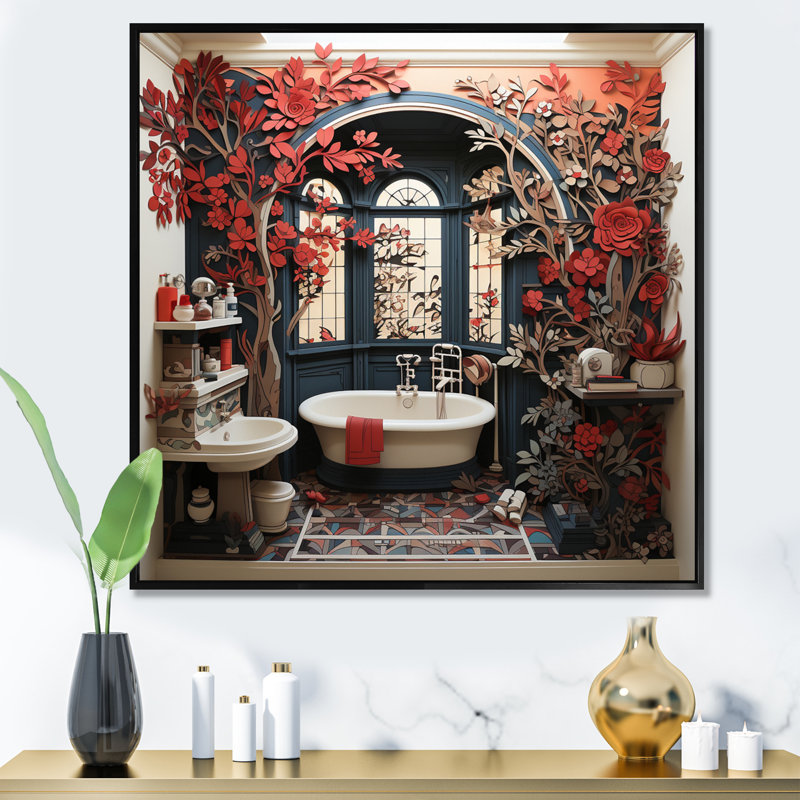 «Red Modern Bathroom Charm II», art mural «Laundry», Cadre flottant noir, H 30 po x l 30 po x P 1 po