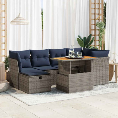  7 Piece Garden Sofa Set With Cushions Black Poly Rattan Acacia