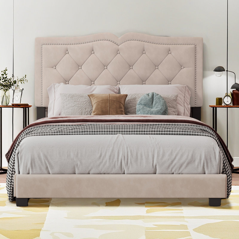 Lit plateforme moderne en velours avec tête de lit capitonnée, Beige, Double