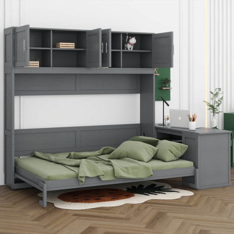 Queen Size Murphy Bed With Desk And Shelves, Modern Wall Bed With Big Cabinets, Gray