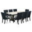 Ensemble de salle à manger 9 pièces - 8 chaises de cuisine en tissu de lin noir capitonnées avec des têtes de clous et une table de salle à manger Jacobean patinée - Finition noire brossée-955809330