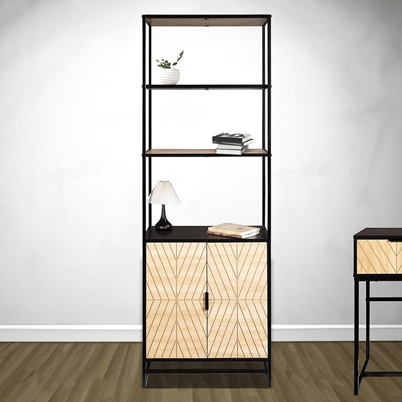 Étagère de 6 livres avec un éclat moderne côtier, bois noir et naturel, rangement pour bureaux à domicile, hauteur de 67 po