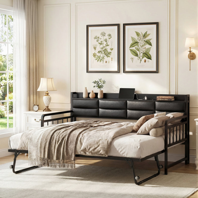 Upholstered Twin Daybed with Trundle and Charging Station, Black