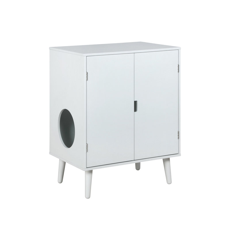 White Modern Cat Litter Hide-Away Cabinet with Circular Opening