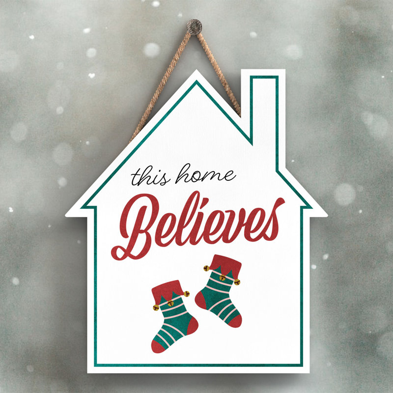Xmas This Home Believes Wooden House Plaque, 18.5cm H x 16cm W x 0.9cm D
