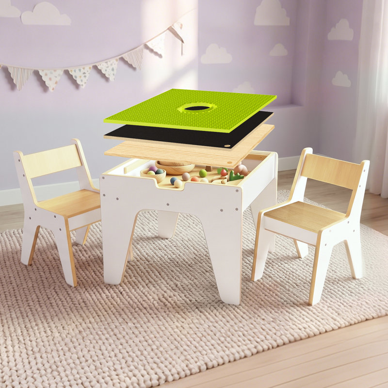 Building Blocks Construction Sensory Table with 2 Reversible Boards Multi-Functional Kids Activity Table and Chairs Set with Storage and Reversible Tabletop