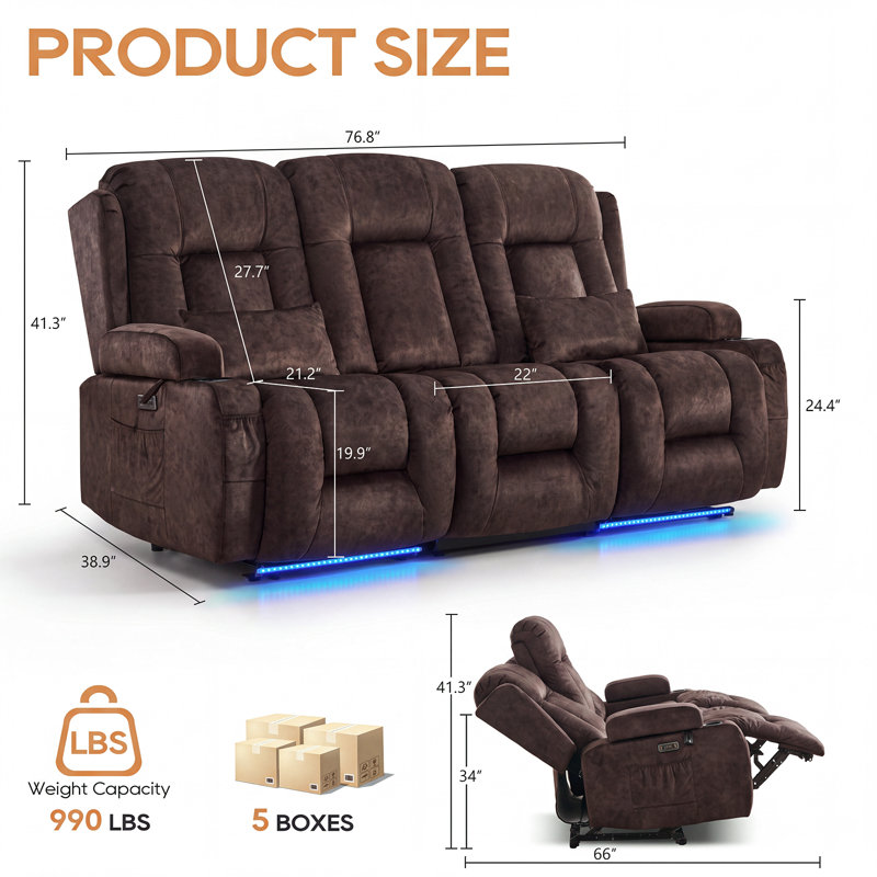 Upholstered 76.8 " Sofa Power Reclining, Velours brun