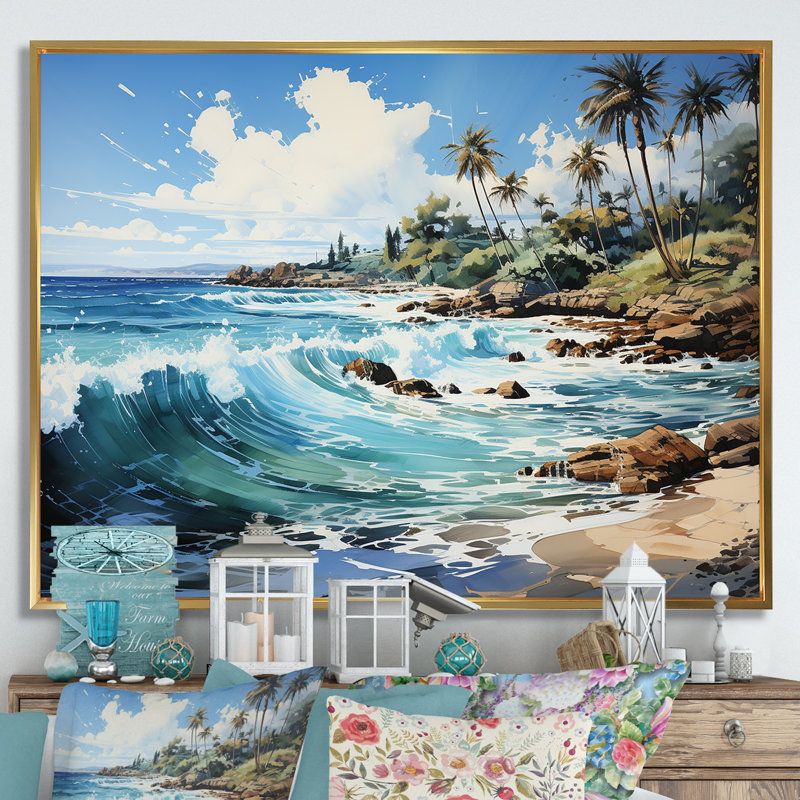 Palmier turquoise sur fond tropical, Cadre flottant doré, H 30 po x l 40 po x P 1,5 po