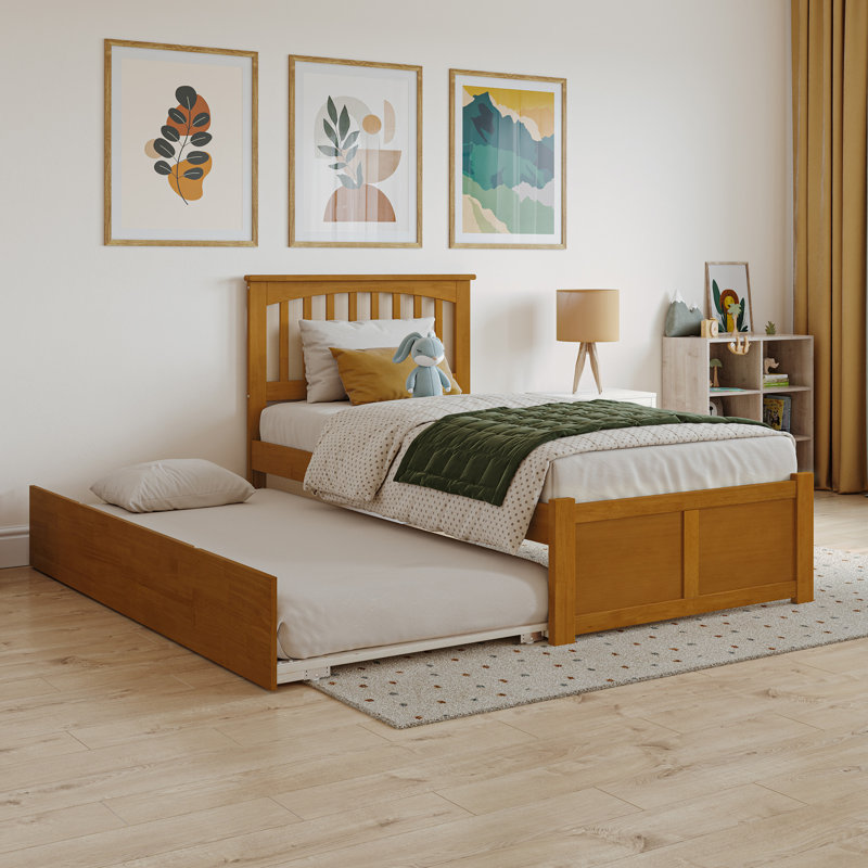 Mission Solid Wood Platform Bed with Panel Footboard and Roll Out Trundle, Twin