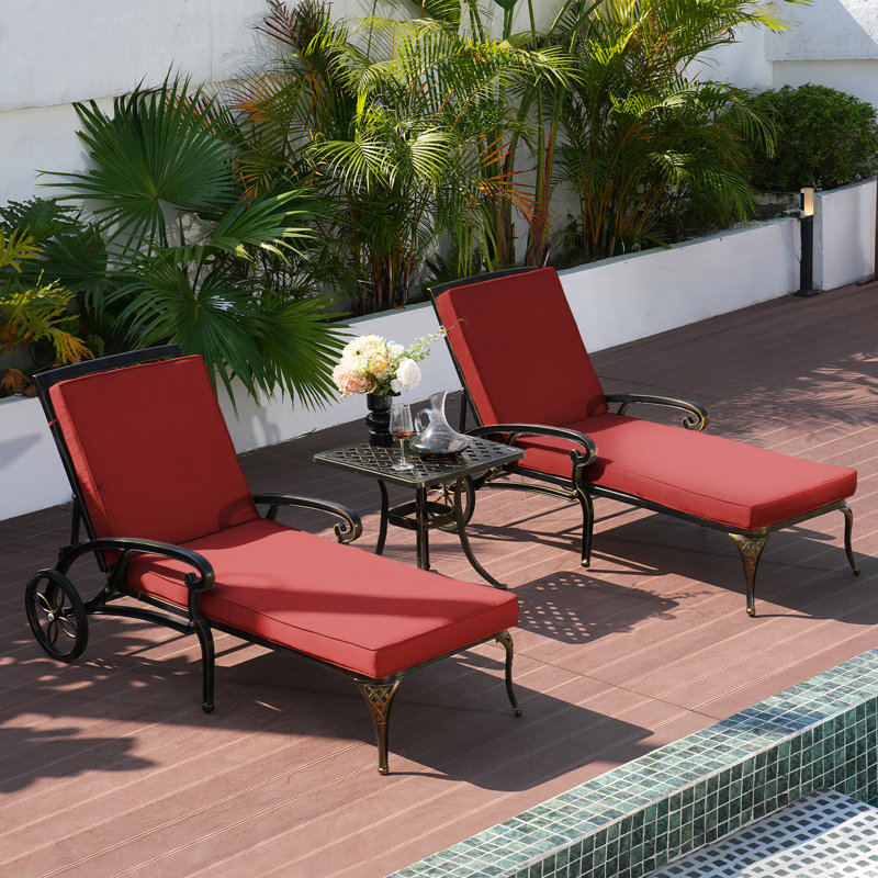 Outdoor Metal Chaise Lounge Set with Coffee Table (Set of 2), Red