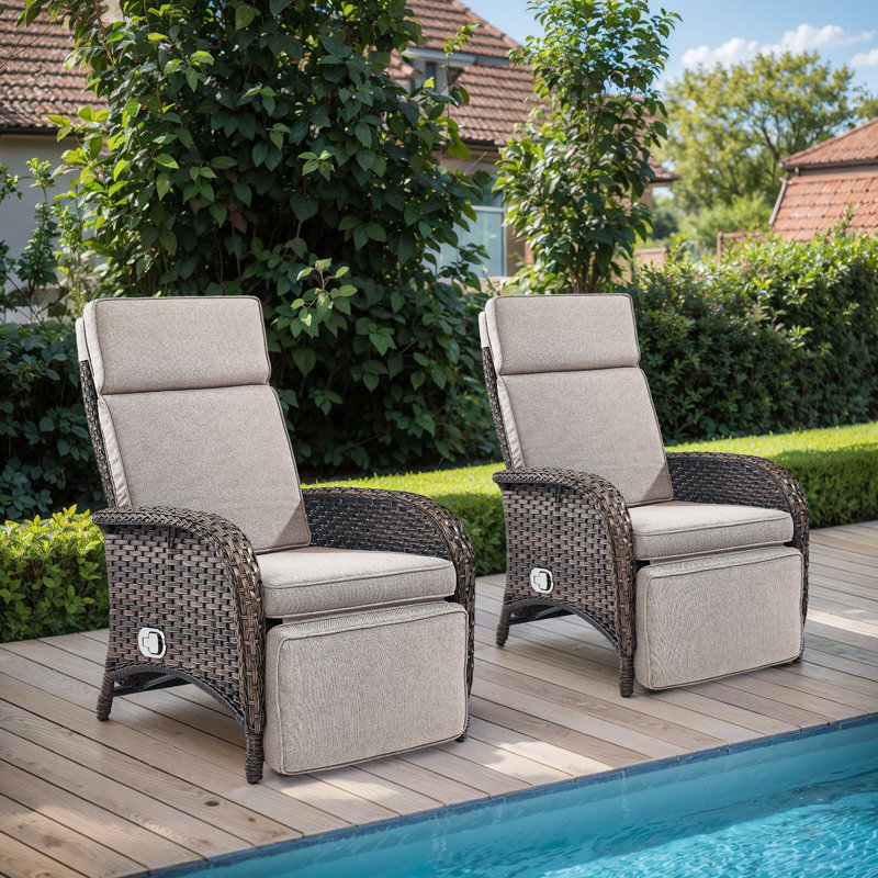 Gaetanino Outdoor Wicker Rattan Poolside Reclining Chaise Lounge With Integrated Comfort Cushion, Beige