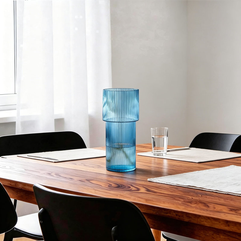 Vase moderne en verre nervuré bleu, hauteur de 12 pouces pour les fleurs, vase décoratif pour salon, table à manger, bureau, vestibule, manteau de cheminée, tablette, cadeau de mariage