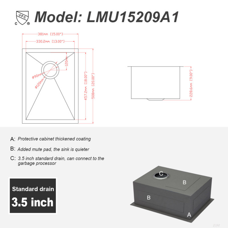 Évier de cuisine encastré 15 po - 15 po x 20 po x 9 po - Évier de cuisine encastrable en acier inoxydable profond de calibre 16 de 9 po