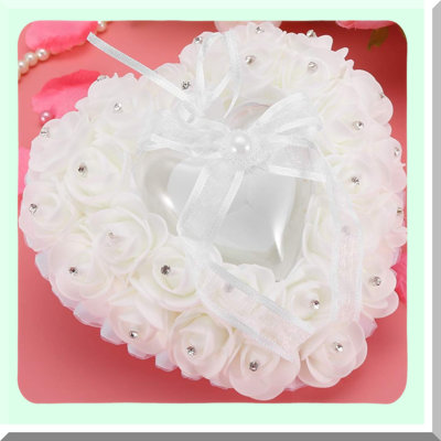 Heart-Shaped Wedding Ring Pillow with Rhinestones